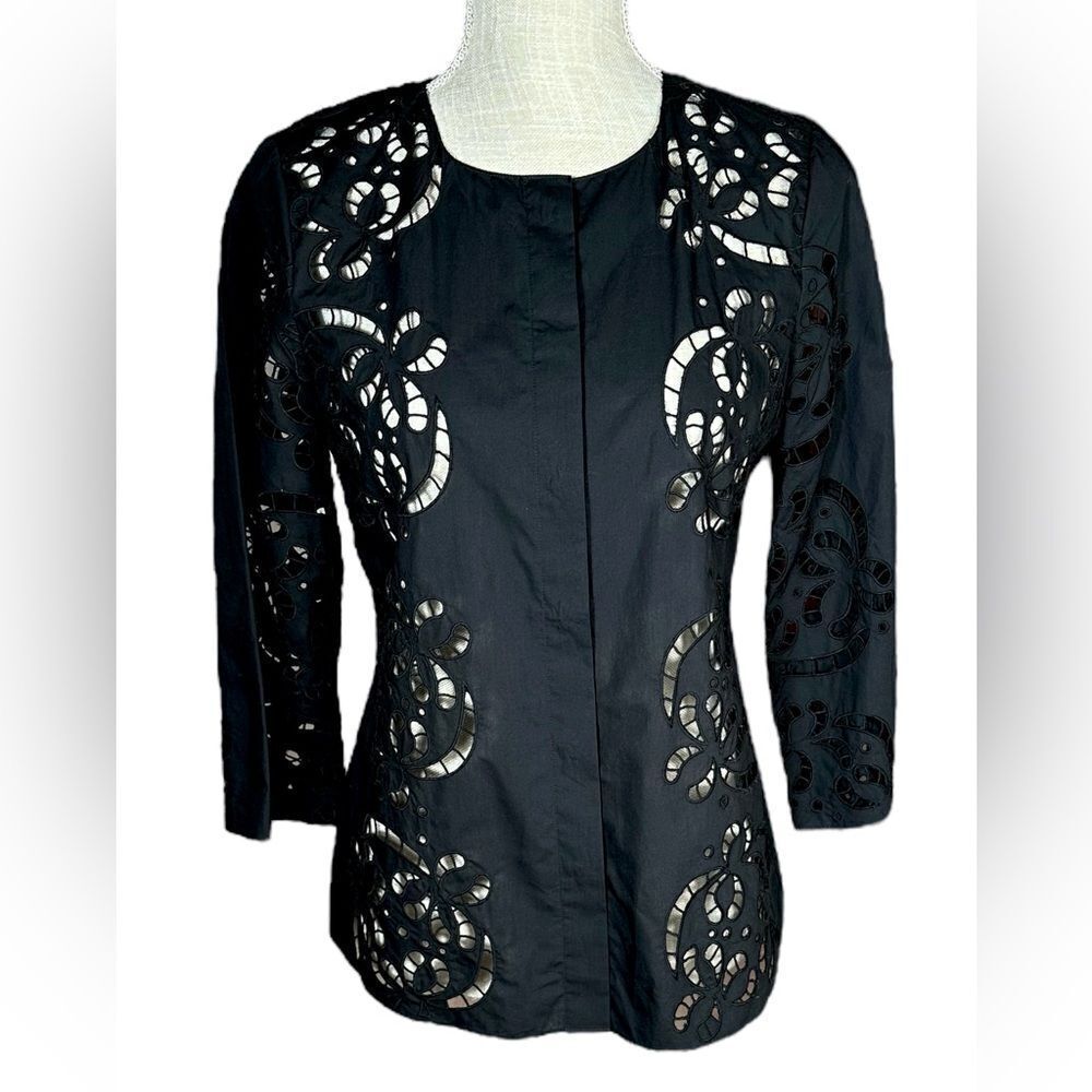 Theory Womens Black Eyelet Floral Embroidered Cotton Poplin Shirt - Picture 2 of 7